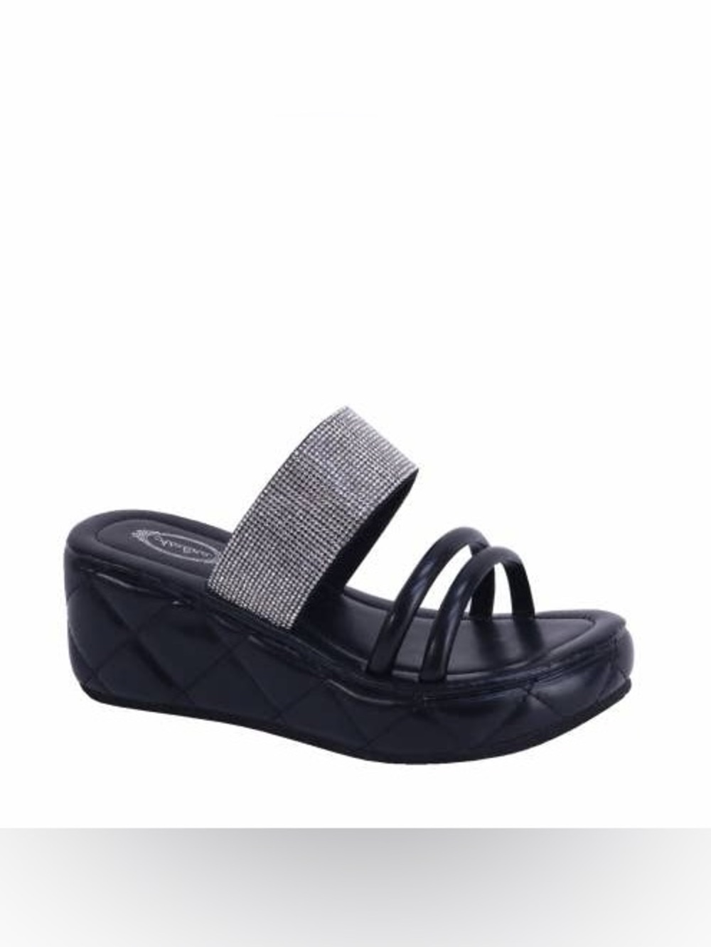 Italina Black Strappy Triple Band Rhinestone Platform Slip-On Wedge Heels